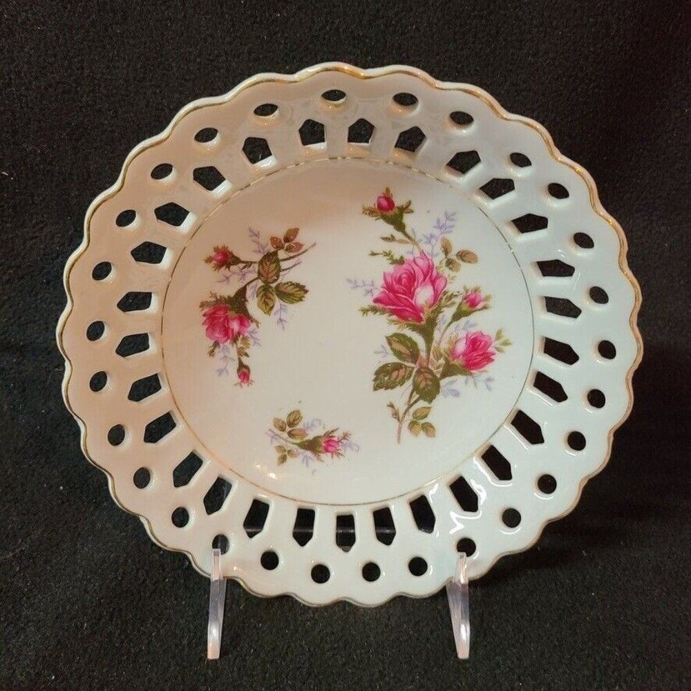 Vintage Moss Rose Metasco China Bowl Ribbon Wear JAPMOROS 8 x 2 White Floral